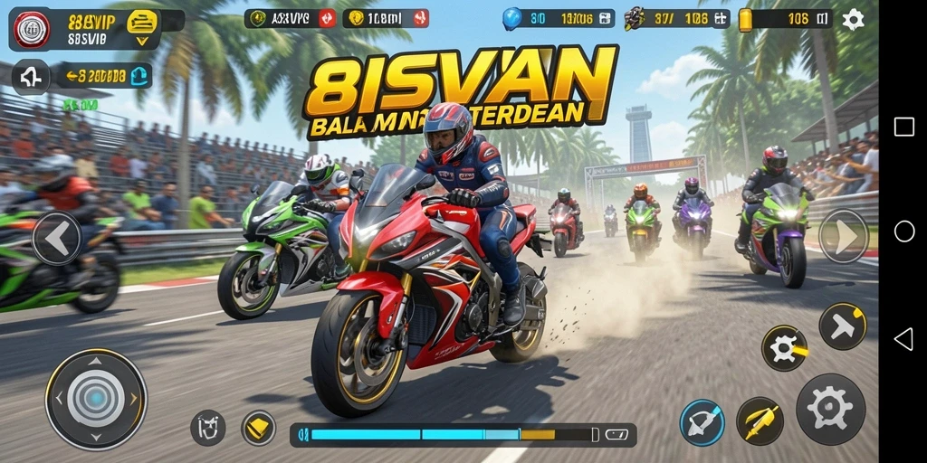 Tampilan utama gameplay 8SVIP dengan balapan motor yang cepat.