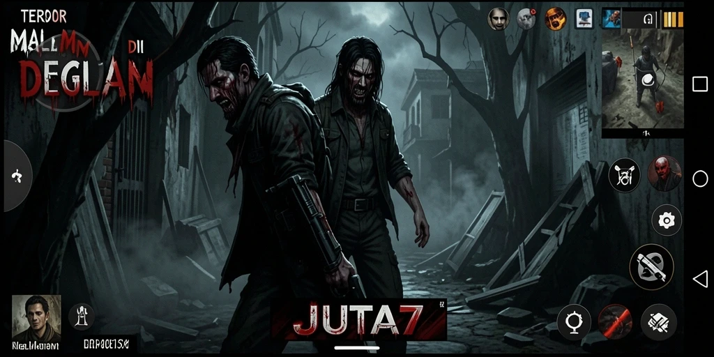 Tampilan gameplay JUTA7 dengan suasana menyeramkan dan mencekam.