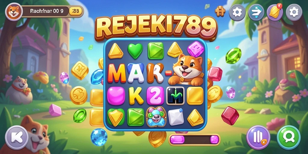 Tangkapan layar gameplay REJEKI789 menunjukkan elemen warna-warni yang saling berinteraksi.