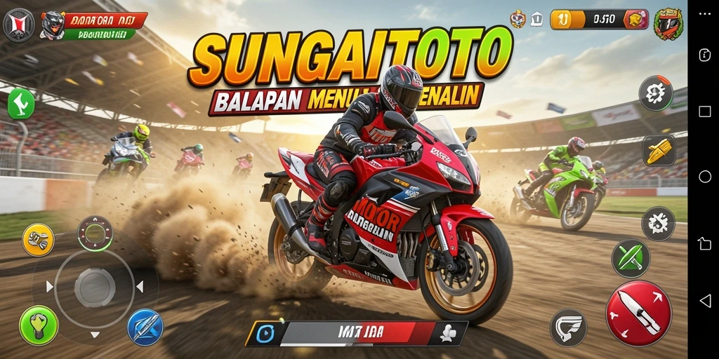 Screenshot gameplay SUNGAITOTO menampilkan balapan motor yang mendebarkan.