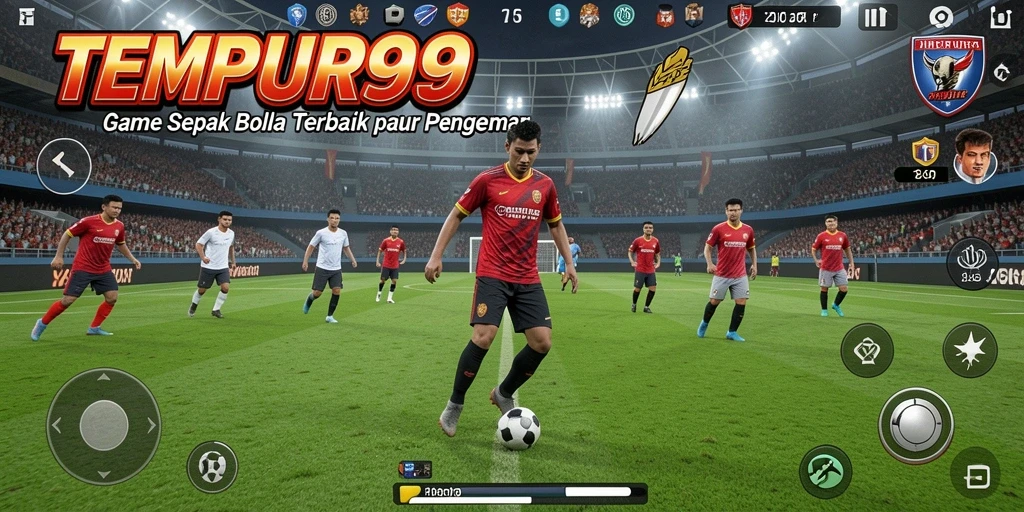 Screenshot utama TEMPUR99 menampilkan aksi menegangkan di lapangan sepak bola.